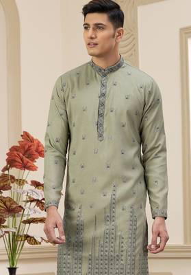green art silk straight kurta with computer thread work on art silk and with lining pajama for men 2