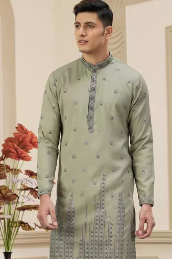 green art silk straight kurta with computer thread work on art silk and with lining pajama for men