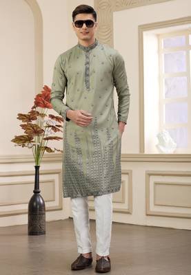green art silk straight kurta with computer thread work on art silk and with lining pajama for men 3