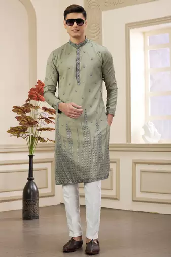 green art silk straight kurta with computer thread work on art silk and with lining pajama for men