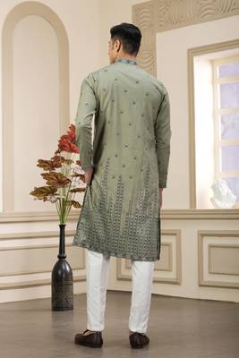 green art silk straight kurta with computer thread work on art silk and with lining pajama for men 4