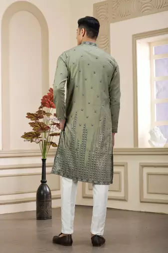 green art silk straight kurta with computer thread work on art silk and with lining pajama for men