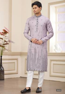 purple art silk straight kurta with computer thread work on art silk and with lining pajama for men 1