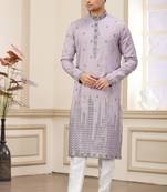 purple art silk straight kurta with computer thread work on art silk and with lining pajama for men