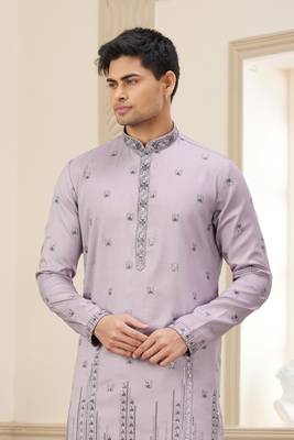 purple art silk straight kurta with computer thread work on art silk and with lining pajama for men 2