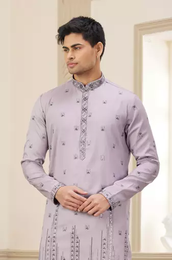 purple art silk straight kurta with computer thread work on art silk and with lining pajama for men