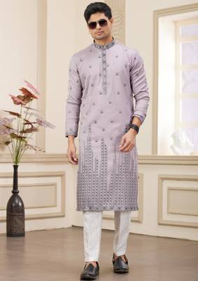 purple art silk straight kurta with computer thread work on art silk and with lining pajama for men 3