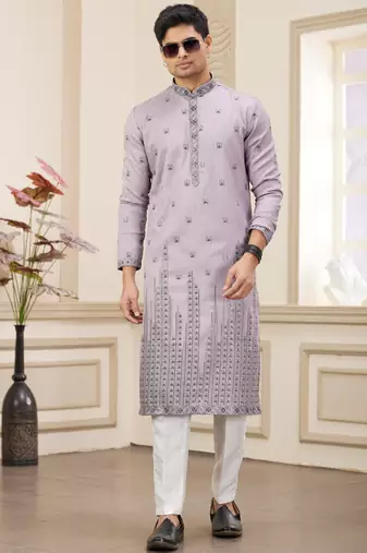 purple art silk straight kurta with computer thread work on art silk and with lining pajama for men