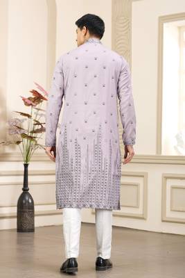 purple art silk straight kurta with computer thread work on art silk and with lining pajama for men 4
