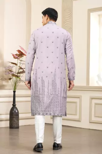 purple art silk straight kurta with computer thread work on art silk and with lining pajama for men