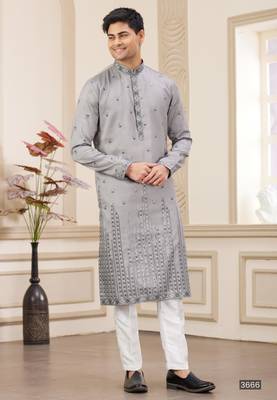 grey art silk straight kurta with computer thread work on art silk and with lining pajama for men 1