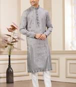 grey art silk straight kurta with computer thread work on art silk and with lining pajama for men