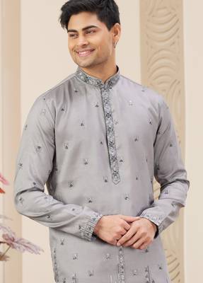 grey art silk straight kurta with computer thread work on art silk and with lining pajama for men 2