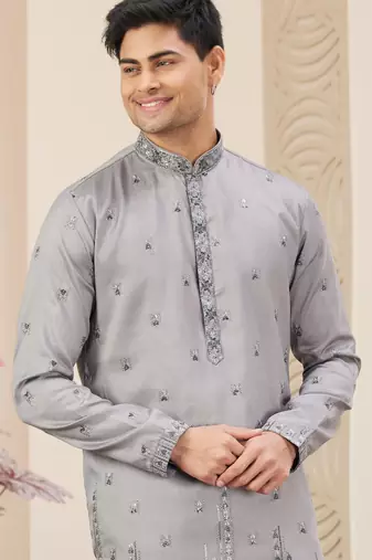 grey art silk straight kurta with computer thread work on art silk and with lining pajama for men