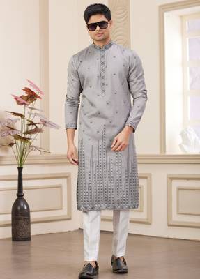 grey art silk straight kurta with computer thread work on art silk and with lining pajama for men 3