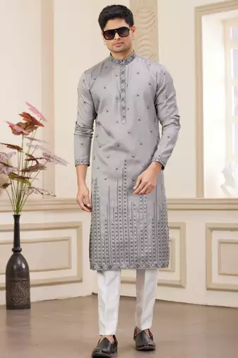 grey art silk straight kurta with computer thread work on art silk and with lining pajama for men