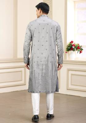 grey art silk straight kurta with computer thread work on art silk and with lining pajama for men 4