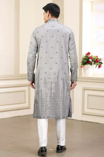 grey art silk straight kurta with computer thread work on art silk and with lining pajama for men