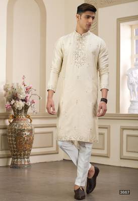 beige banarasi art silk straight kurta with lining pajama for men 1