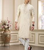 beige banarasi art silk straight kurta with lining pajama for men