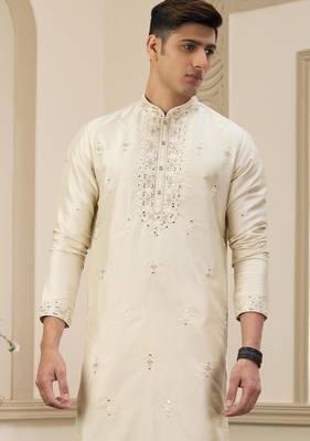 beige banarasi art silk straight kurta with lining pajama for men 2