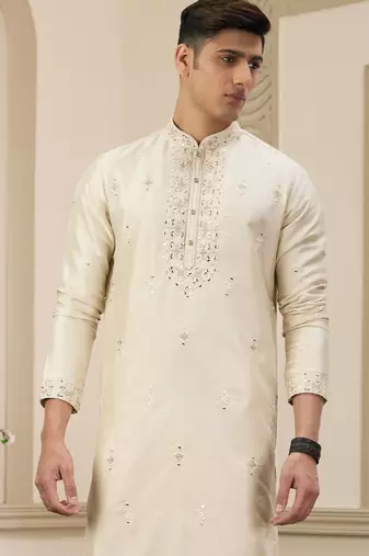 beige banarasi art silk straight kurta with lining pajama for men