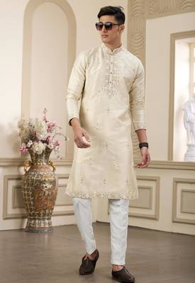 beige banarasi art silk straight kurta with lining pajama for men 3