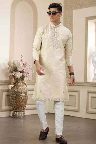 beige banarasi art silk straight kurta with lining pajama for men