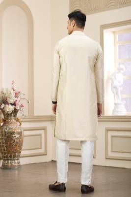 beige banarasi art silk straight kurta with lining pajama for men 4