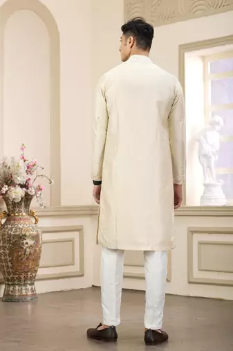 beige banarasi art silk straight kurta with lining pajama for men