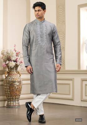 grey banarasi art silk straight kurta with lining pajama for men 1