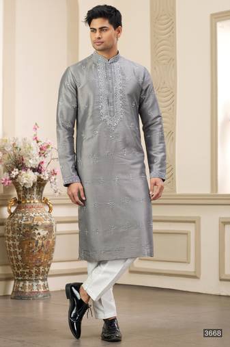 Grey banarasi art silk straight kurta with lining Pajama for men