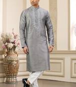 grey banarasi art silk straight kurta with lining pajama for men