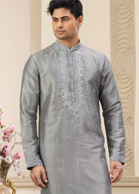 grey banarasi art silk straight kurta with lining pajama for men 2