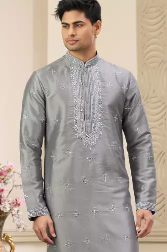 grey banarasi art silk straight kurta with lining pajama for men