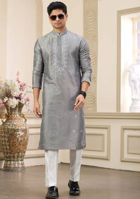 grey banarasi art silk straight kurta with lining pajama for men 3