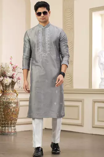 grey banarasi art silk straight kurta with lining pajama for men
