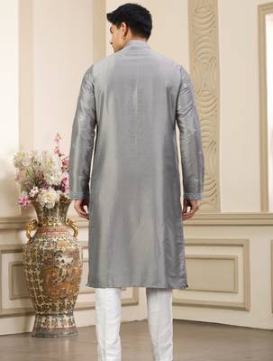 grey banarasi art silk straight kurta with lining pajama for men 4