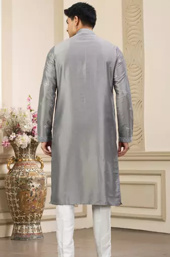 grey banarasi art silk straight kurta with lining pajama for men
