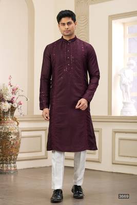 wine banarasi art silk straight kurta with lining pajama for men 1