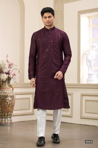 Wine banarasi art silk straight kurta with lining Pajama for men