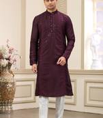 wine banarasi art silk straight kurta with lining pajama for men