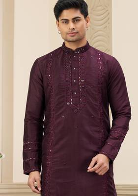 wine banarasi art silk straight kurta with lining pajama for men 2