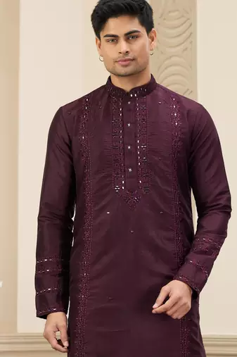 wine banarasi art silk straight kurta with lining pajama for men