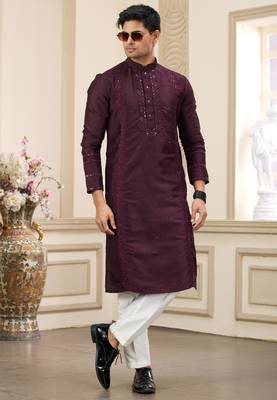 wine banarasi art silk straight kurta with lining pajama for men 3
