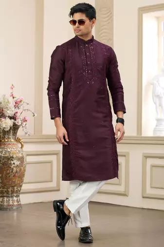 wine banarasi art silk straight kurta with lining pajama for men