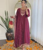 Embroidery Work with Vichitra Silk Fabric A-line Kurta, Pant and Dupatta Set