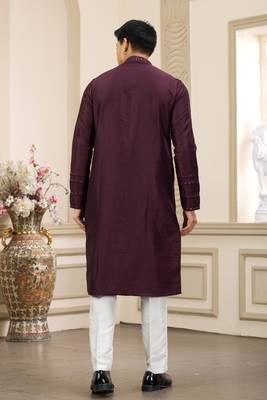 wine banarasi art silk straight kurta with lining pajama for men 4