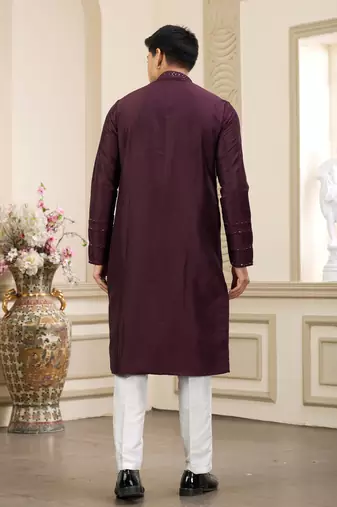 wine banarasi art silk straight kurta with lining pajama for men