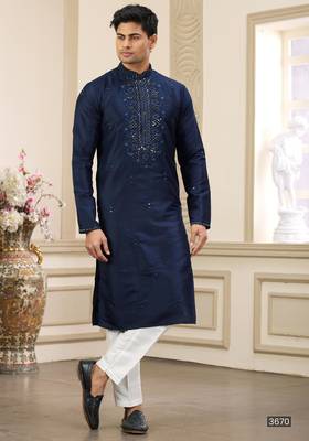 blue banarasi art silk straight kurta with lining pajama for men 1